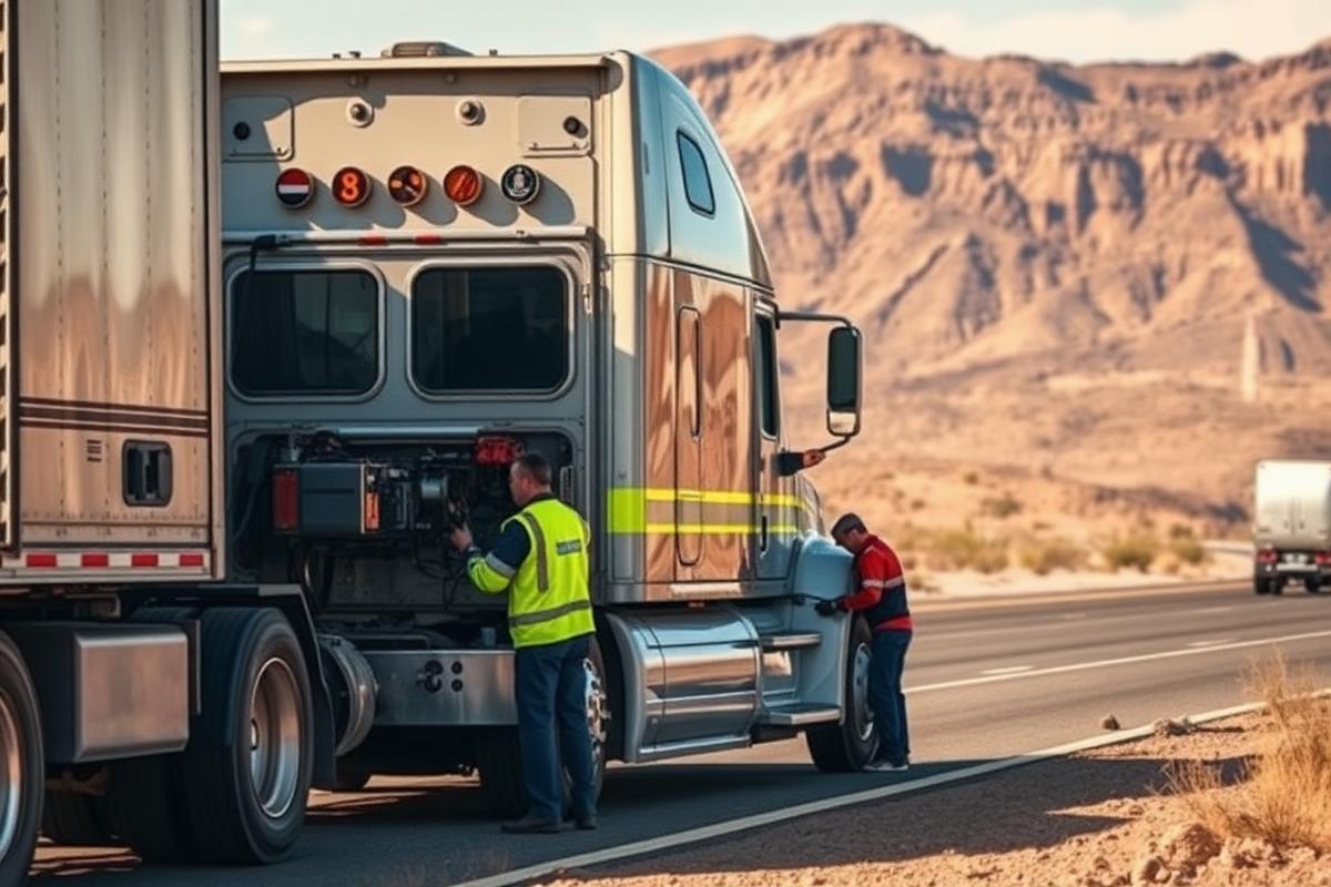 Mobile mechanic repairing semi-truck on Arizona desert highway