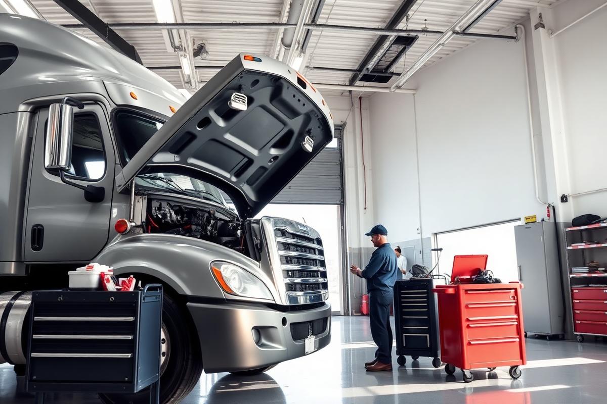 Mechanic working on commercial truck inside repair shop bay in Phoenix AZ
